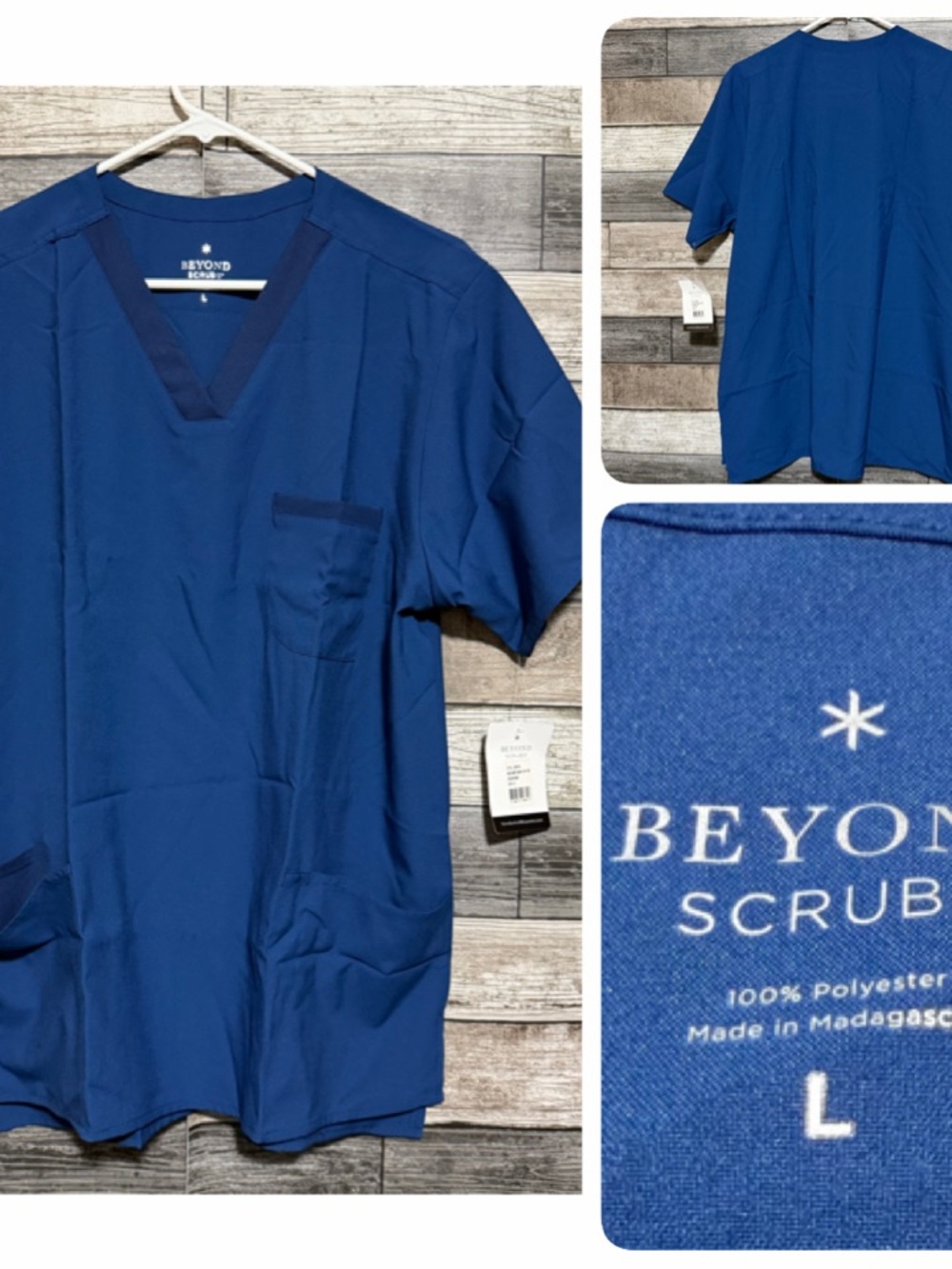 Beyond Scrubs V-Neck Shirt Men’s L Blue Front Pockets 100% Polyester